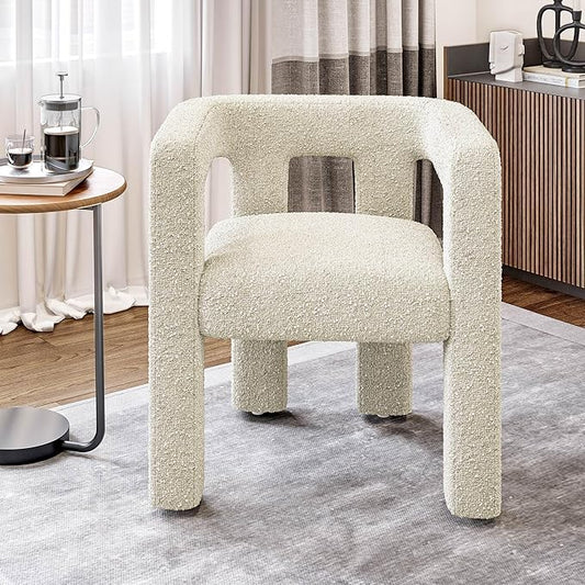 BELLEZE Modern Boucle Barrel Dining Chair, Upholstered Linen Kitchen Boucle Armchair with Sidearms and Back, for Dining Room Living Room- Cream