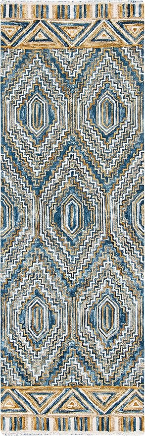 SAFAVIEH Aspen Collection Runner Rug - 2'3" x 9', Blue & Gold, Handmade Boho Wool, Ideal for High Traffic Areas in Living Room, Bedroom (APN822M)