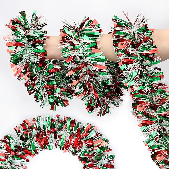 50 FT Christmas Tinsel Garland Christmas Decorations for Xmas Tree Decor Metallic Twist Shiny Hanging Garlands for Tree Mantel Stairs Fireplace Home Indoor Holiday Party Supplies (Red Green White)