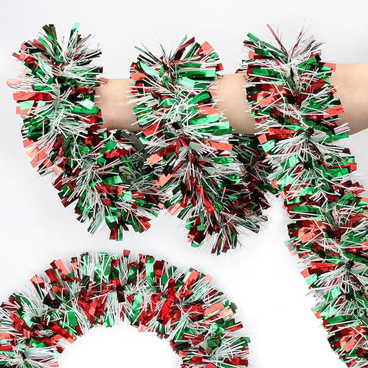 50 FT Christmas Tinsel Garland Christmas Decorations for Xmas Tree Decor Metallic Twist Shiny Hanging Garlands for Tree Mantel Stairs Fireplace Home Indoor Holiday Party Supplies (Red Green White)