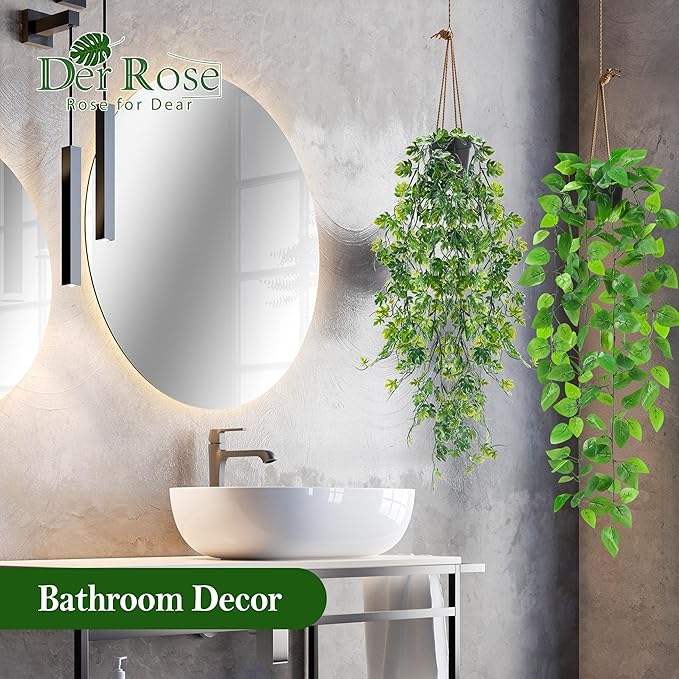 Der Rose 8Pcs Fake Plants Hanging Artificial Ivy Vine Faux Eucalyptus Hanging Plants for Home Boho Wall Shelf Indoor Outdoor Decor (Black Pots)