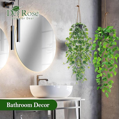 Der Rose 8Pcs Fake Plants Hanging Artificial Ivy Vine Faux Eucalyptus Hanging Plants for Home Boho Wall Shelf Indoor Outdoor Decor (Black Pots)