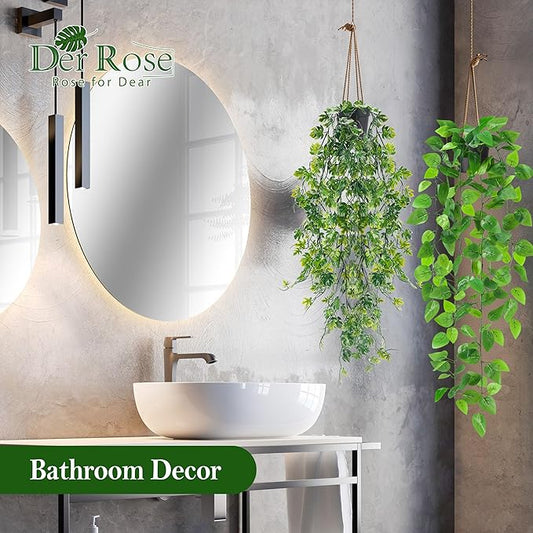 Der Rose 8Pcs Fake Plants Hanging Artificial Ivy Vine Faux Eucalyptus Hanging Plants for Home Boho Wall Shelf Indoor Outdoor Decor (Black Pots)