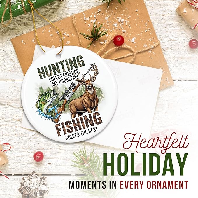 ZAGKOO Hunting Fishing Ornaments for Christmas Tree - Christmas Hunting Gifts for Deer Hunters, Fishing Themed Gifts - Wildlife Xmas Ornaments, Ceramic Xmas Tree Ornament Holiday Decor