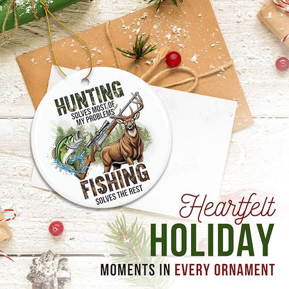 ZAGKOO Hunting Fishing Ornaments for Christmas Tree - Christmas Hunting Gifts for Deer Hunters, Fishing Themed Gifts - Wildlife Xmas Ornaments, Ceramic Xmas Tree Ornament Holiday Decor