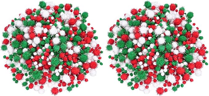 Livder Christmas Pom Poms Pompoms Red Green White Glitter Fluffy Balls, DIY Art Crafts Decorations Supplies (4 Sizes, 900 Pieces) (Pack of 2)