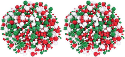 Livder Christmas Pom Poms Pompoms Red Green White Glitter Fluffy Balls, DIY Art Crafts Decorations Supplies (4 Sizes, 900 Pieces) (Pack of 2)