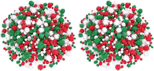 Livder Christmas Pom Poms Pompoms Red Green White Glitter Fluffy Balls, DIY Art Crafts Decorations Supplies (4 Sizes, 900 Pieces) (Pack of 2)