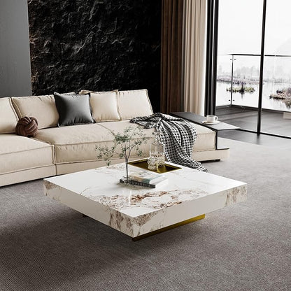 Modern Coffee Table for Living Room, 43.31" Large Square Living Room Table Sintered Stone Tabletop with Gold Stainless Steel Legs, Center Table for Home Office