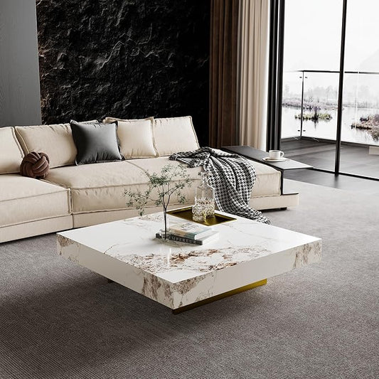 Modern Coffee Table for Living Room, 43.31" Large Square Living Room Table Sintered Stone Tabletop with Gold Stainless Steel Legs, Center Table for Home Office