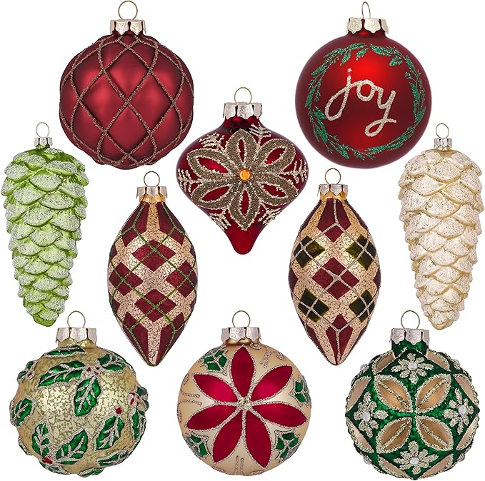 Valery Madelyn Glass Christmas Ornaments Set, 10ct Red Green and Gold Mercury Blown Glass Christmas Tree Ball Decorations, Traditional Country Xmas Hanging Teardrop Finial Bulk for Holiday Decor
