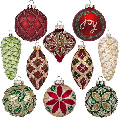 Valery Madelyn Glass Christmas Ornaments Set, 10ct Red Green and Gold Mercury Blown Glass Christmas Tree Ball Decorations, Traditional Country Xmas Hanging Teardrop Finial Bulk for Holiday Decor