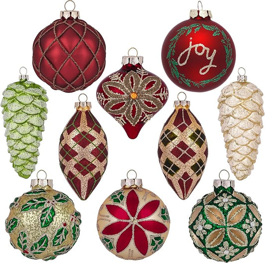 Valery Madelyn Glass Christmas Ornaments Set, 10ct Red Green and Gold Mercury Blown Glass Christmas Tree Ball Decorations, Traditional Country Xmas Hanging Teardrop Finial Bulk for Holiday Decor
