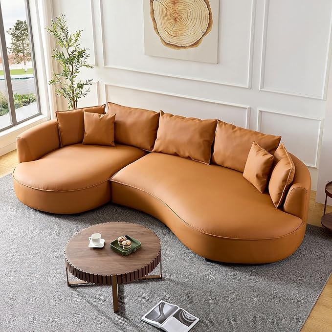 WILLIAMSPACE 124.8" Leather Curved Sofa Couch, Modern Upholstery Luxury Sofa with Pillows, Left Hand Facing Sectional Couch for Living Room (Left-Facing,Orange Leather)