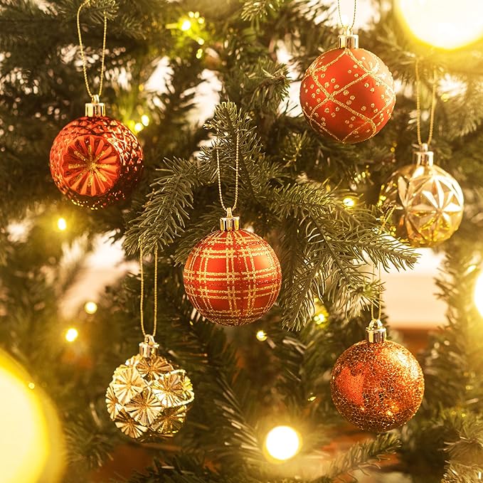 Valery Madelyn Ornaments for Christmas Trees, 16ct 2.36 Inches Red and Gold Shatterproof Christmas Tree Decorations, Luxury Hanging Ball Ornaments for Xmas Holiday Party Decor