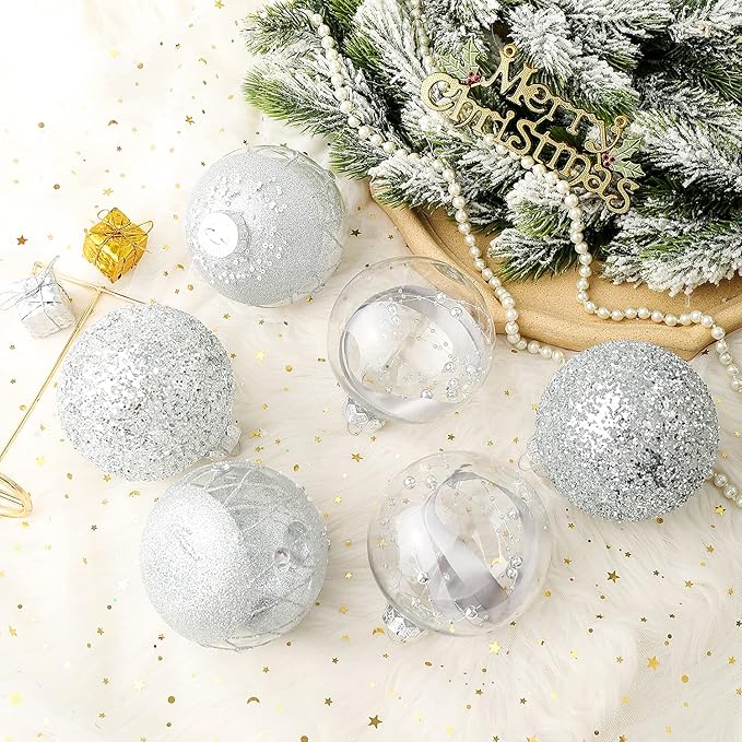 XmasExp Christmas Ball Ornaments Set, Shatterproof Christmastree Decorations,6ct Large Plastic Hanging Ornaments,100mm/4, Silver