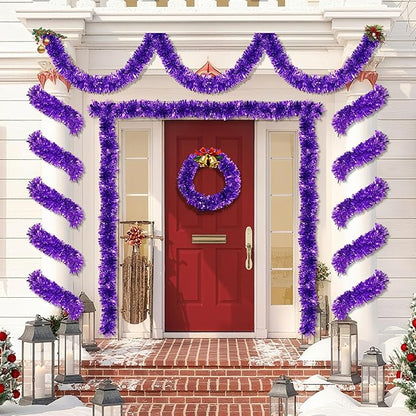 50 FT Purple Christmas Tinsel Garland Christmas Decorations for Xmas Tree Decor, Shiny Metallic Twist Hanging Tinsel Garlands for Stairs Mantle Fireplace Home Indoor Outdoor Holiday Party Supplies