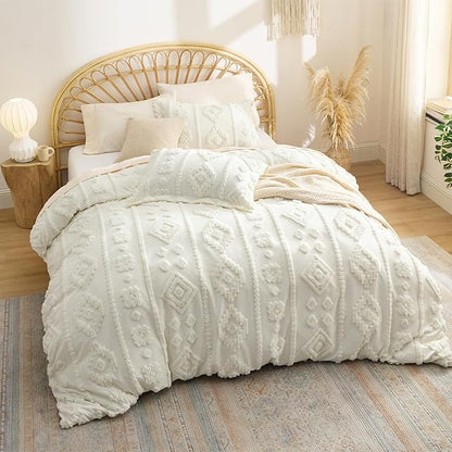 Bedsure King Size Comforter Set - White Tufted Boho Bed Set, Farmhouse Shabby Chic Embroidery Bedding for All Seasons, 3 Pieces, 1 Soft Jacquard King Comforter and 2 Pillow Shams