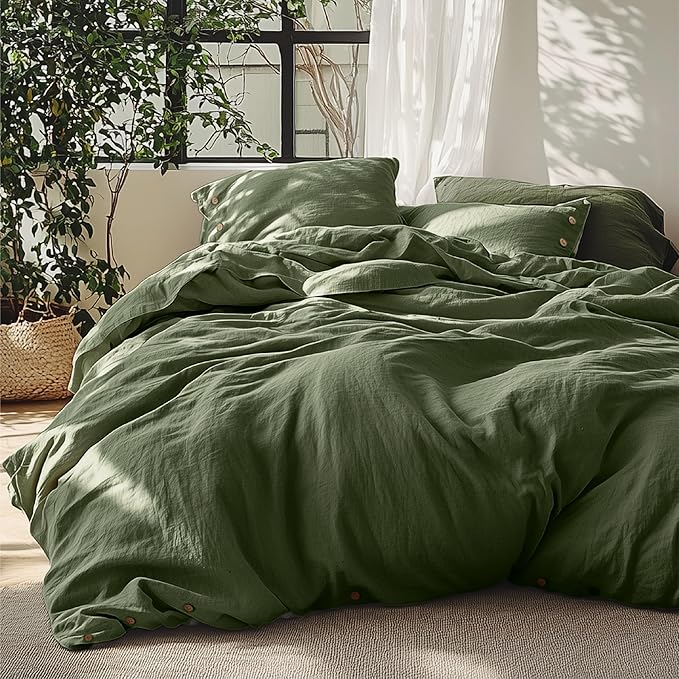 Bedsure Linen Duvet Cover King Size - Linen Cotton Blend Bedding Set, Soft & Cozy, 3 Pieces, 1 Duvet Cover 104x90 and 2 Pillowcases, Olive Green Color Cooling Bedding, Comforter Sold Separately