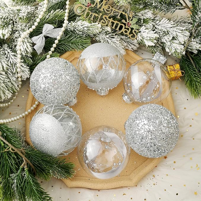 XmasExp Christmas Ball Ornaments Set, Shatterproof Christmastree Decorations,6ct Large Plastic Hanging Ornaments,100mm/4, Silver