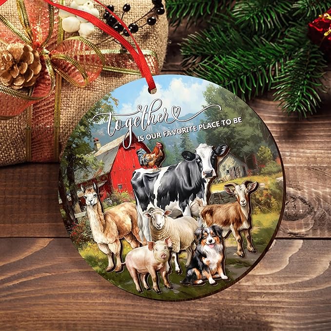 OASSIE Christmas Farmer Gifts for Women - Wooden Rustic Farmhouse Ornaments for Tree Decorations - Animal Lover Gifts for Farmers, Farm Animal Christmas Ornaments for Farmhouse Decor, Gift for Farmer