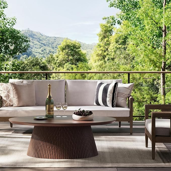 win2win Oval Coffee Table, Mid Century Modern Coffee Table with Fluted Design, Small Funky Tea Table with Wood Grain Veneer, Minimalist Center Table for Living Room, Apartment, Office, Walnut