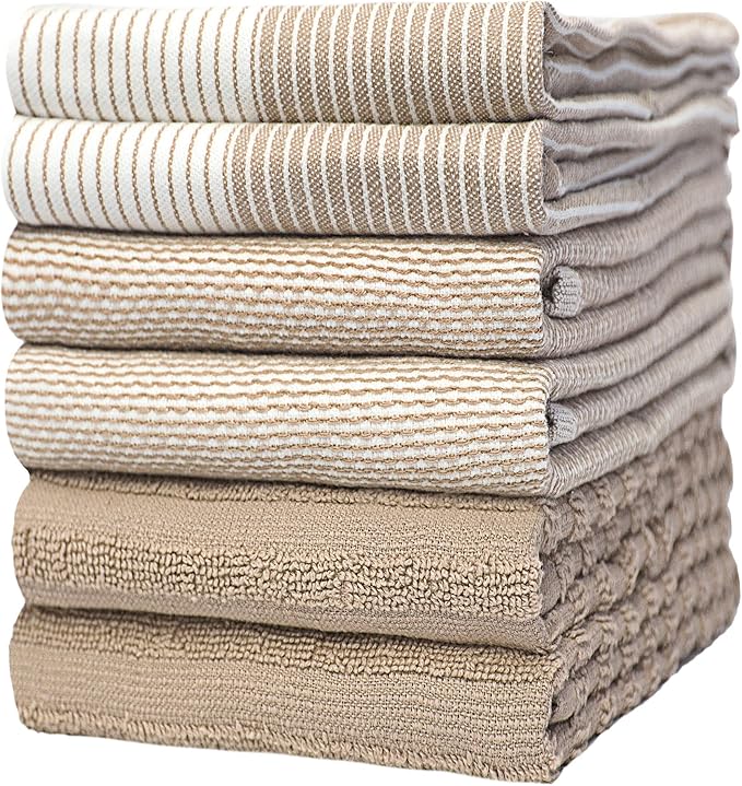 Premium Dish Towels 6 Pack Large Cotton Flat Terry Absorbent Tea Towels with Hanging Loop Tan 20x28