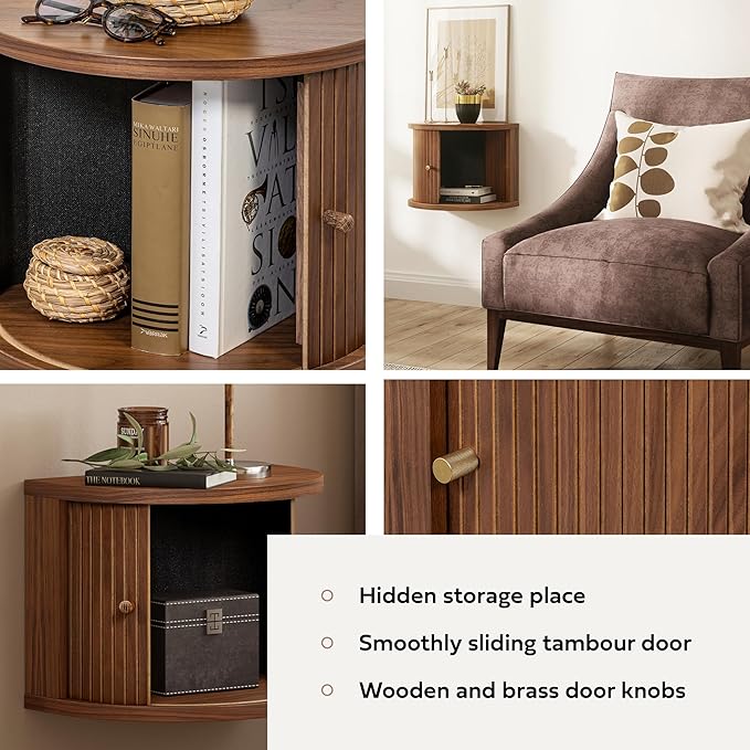 WERMO 16'' Floating Nightstand with Storage and Sliding Door End Table - Floating Side Table for Living Room, Bedroom and Office. Mid Century Modern Nightstand Wood, Bedside Shelf Wall Mount (Walnut)