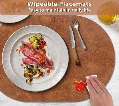 ADRIMER Placemats, Heat Resistant Oval Placemats Set of 4 Washable 12 x 17 Inch, Waterproof Table Mats, Wipeable Pu Place Mats for Kitchen, Dining Room, Turmeric Brown+Light Brown+Green+Blue