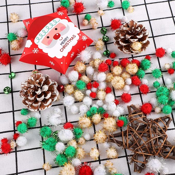 Aneco 900 Pieces Glitter Christmas Pom Poms Assorted Sizes and Colors Pompoms with Glitter Foil Christmas Crafts Fluffy Balls for Holidays DIY Art Crafts Supplies