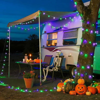 JMEXSUSS Connectable Purple and Green Halloween Lights Plug-in, 8 Modes 100 LED Twinkle String Light Indoor, Clear Wire Christmas Lights Outdoor Waterproof for Halloween Christmas Decor