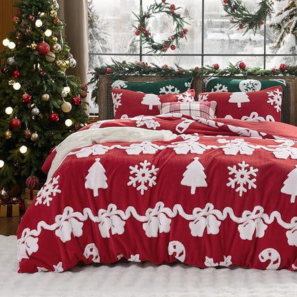 Bedsure Fluffy Christmas Duvet Cover Set - Ultra Soft Plush Shaggy Comforter Cover King Size, Warm Flannel Fleece Bed Sets for Winter, 3 Pieces, Ginger Candy Bell Pattern, Red