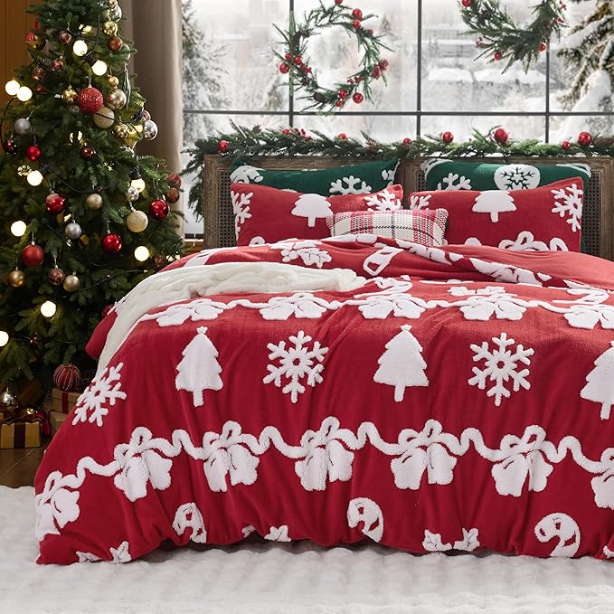 Bedsure Fluffy Christmas Duvet Cover Set - Winter Warm 3 Pieces King Size Ultra Soft Plush Shaggy Bedding Set with Bell Candy Sticks Patten,Red