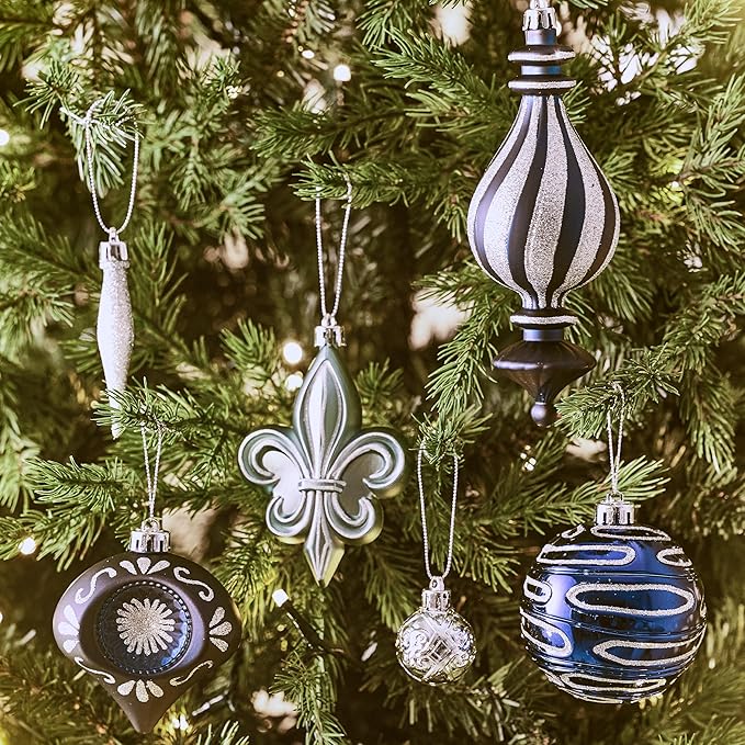 Valery Madelyn Ornaments for Christmas Trees, 60ct Navy Blue and Silver Shatterproof Christmas Tree Decorations, Luxury Hanging Ball Ornaments Bulk for Xmas Holiday Party Decor