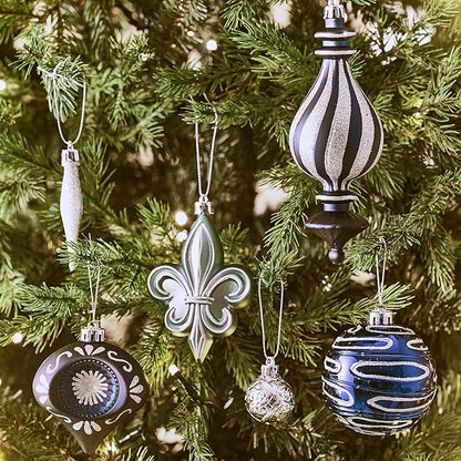 Valery Madelyn Ornaments for Christmas Trees, 60ct Navy Blue and Silver Shatterproof Christmas Tree Decorations, Luxury Hanging Ball Ornaments Bulk for Xmas Holiday Party Decor