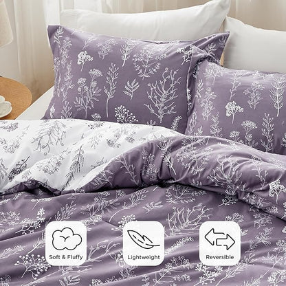 Bedsure Full Comforter Set - Grayish Purple Bed Set, 3 Pieces Cute Floral Bedding, 1 Soft Reversible Botanical Flowers Comforter and 2 Pillow Shams