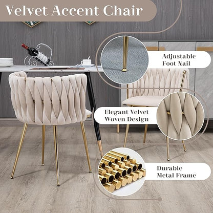 5 Pieces Round Glass Dining Table Set, 47'' Modern Luxury Circle Kitchen Table Set for 4, Minimalist Clear Circular Top Dinner Set with Ivory Woven Chairs Set, for Large Place Home (Golden)