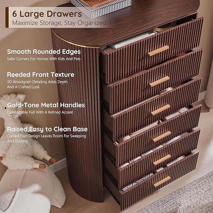 Fluted 6 Drawer Tall Dresser with Curved Profile,47.8" Tall Drawers with Reeded Texture,Gold Handles Storage Organizer Cabinet for Bedroom,Living Room,Entryway,Brown Oak