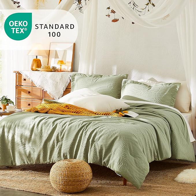 Geniospin King Comforter Set - 7 Pieces Textured Sage Green Bedding Sets, Boho Shabby Chic Comforter Set, All Season Comfortable Bed in a Bag with Comforter, Sheets, Pillowcases & Shams