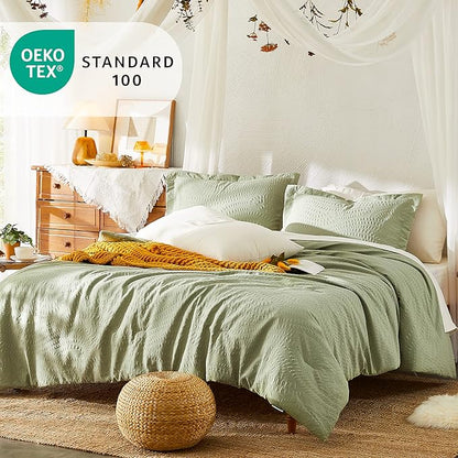 Geniospin King Comforter Set - 7 Pieces Textured Sage Green Bedding Sets, Boho Shabby Chic Comforter Set, All Season Comfortable Bed in a Bag with Comforter, Sheets, Pillowcases & Shams