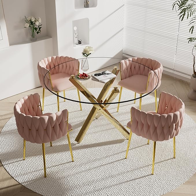 5 Pieces Modern Round Glass Dining Table Set, 47'' Clear Circle Glass Top Kitchen Set, 4 Person Luxury Minimalist Circular Dinner Set with Pink Woven Chairs, for Large Apartment Home (Gold)
