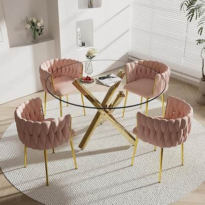5 Pieces Modern Round Glass Dining Table Set, 47'' Clear Circle Glass Top Kitchen Set, 4 Person Luxury Minimalist Circular Dinner Set with Pink Woven Chairs, for Large Apartment Home (Gold)