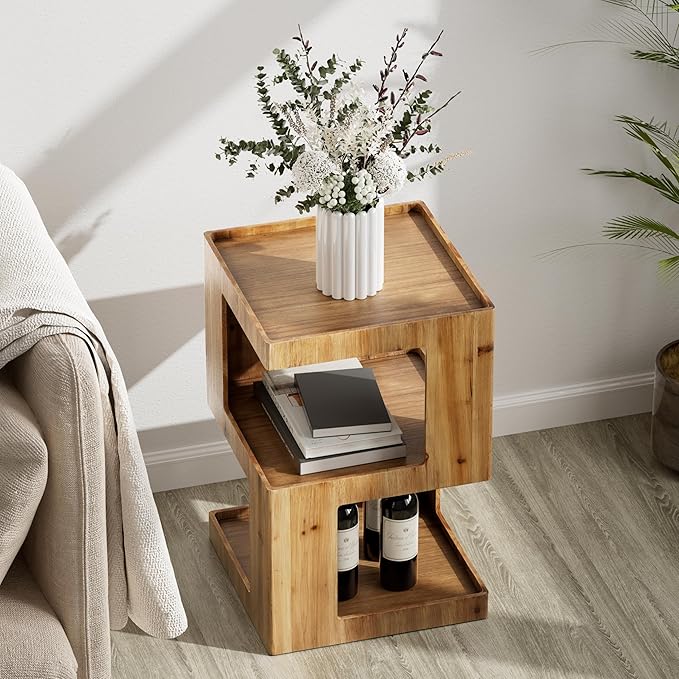 COZAYH Farmhouse Geometric Wood End Table, Distressed Accent Side Table with Two Storage Space, 3-Layer Cube Design for Bedroom, Living Room, Entryway.