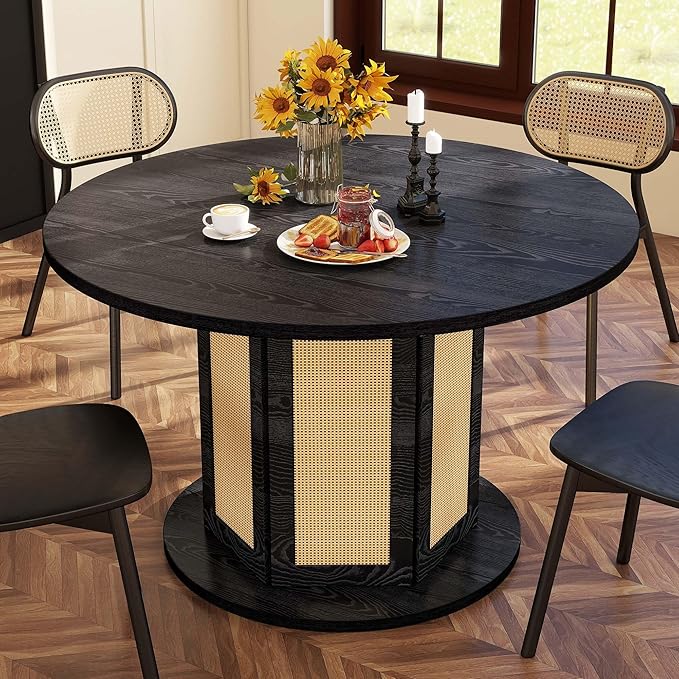 DWVO Round Dining Table for 4-6 People, 47 Inch Farmhouse Kitchen Table with Rattan Circular Base, Black