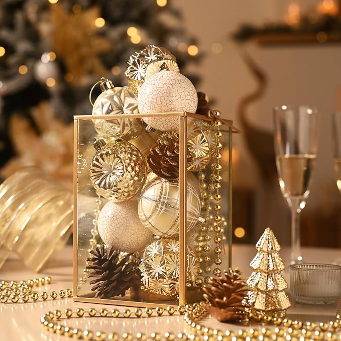 Valery Madelyn Ornaments for Christmas Trees, 9ct 2.36 Inches White and Gold Shatterproof Christmas Tree Decorations, Luxury Hanging Ball Ornaments for Xmas Holiday Party Decor