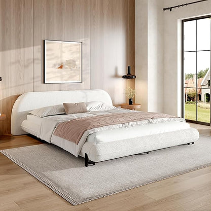 Queen Size Bed Frame, Upholstered Cloud Boucle Platform Beds Frames with Headboard, Anti-Collision Soft Rounded Corners Footboard, No Box Spring Required, Easy Assembly (29" H White, Queen)