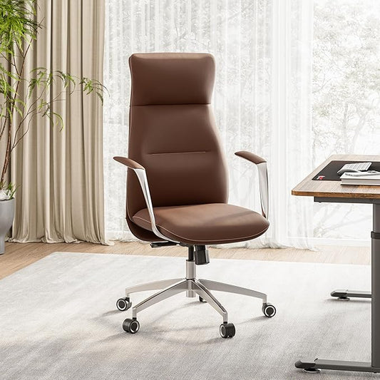 EUREKA ERGONOMIC Royal Slim Executive High Back Brown Leather Office Chair, Home Desk Chair for Adults, Big and Tall with Wheels, Swivel Rolling