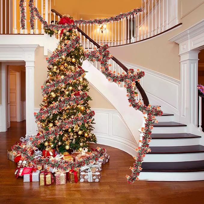 Christmas Garland Decorations 33 FT Red Green Christmas Tinsel Garland with Gingerbread Man Ornaments, Metallic Christmas Tree Garland Indoor Outdoor for Home Mantle Fireplace Xmas Holiday Party Decor