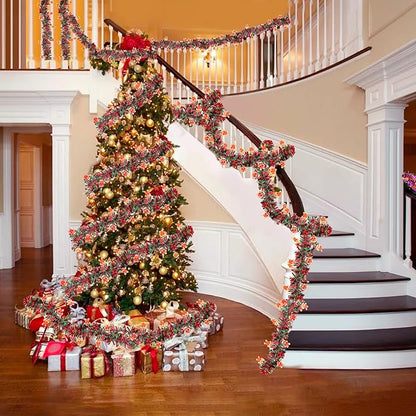 Christmas Garland Decorations 33 FT Red Green Christmas Tinsel Garland with Gingerbread Man Ornaments, Metallic Christmas Tree Garland Indoor Outdoor for Home Mantle Fireplace Xmas Holiday Party Decor