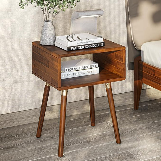 Bme Dinkee Solid Wood Bedside Table Without Drawer for Mid Century Bedroom and Living Room, Dark Chocolate